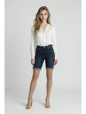 Nwt Express High Waist Denim Perfect Double Roll Bermuda Jean Shorts Dark Wash 2